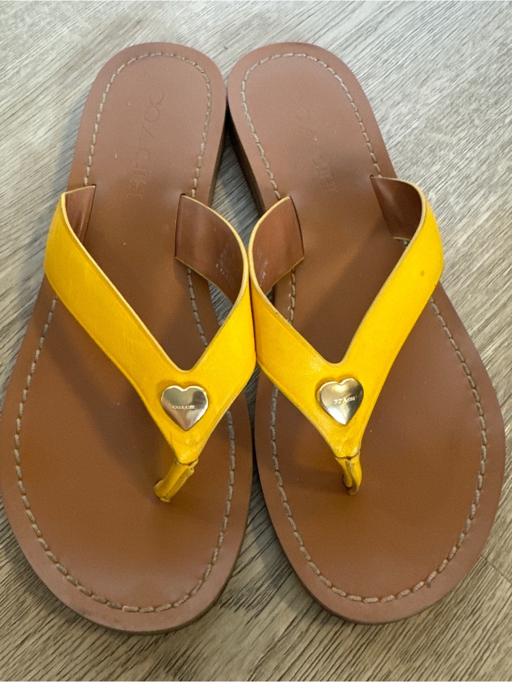 Coach Yellow Leather Heart-Accent Thong Sandals